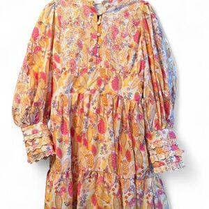 Beulah Floral Ruffle Neck Dress in Yellow & Pink